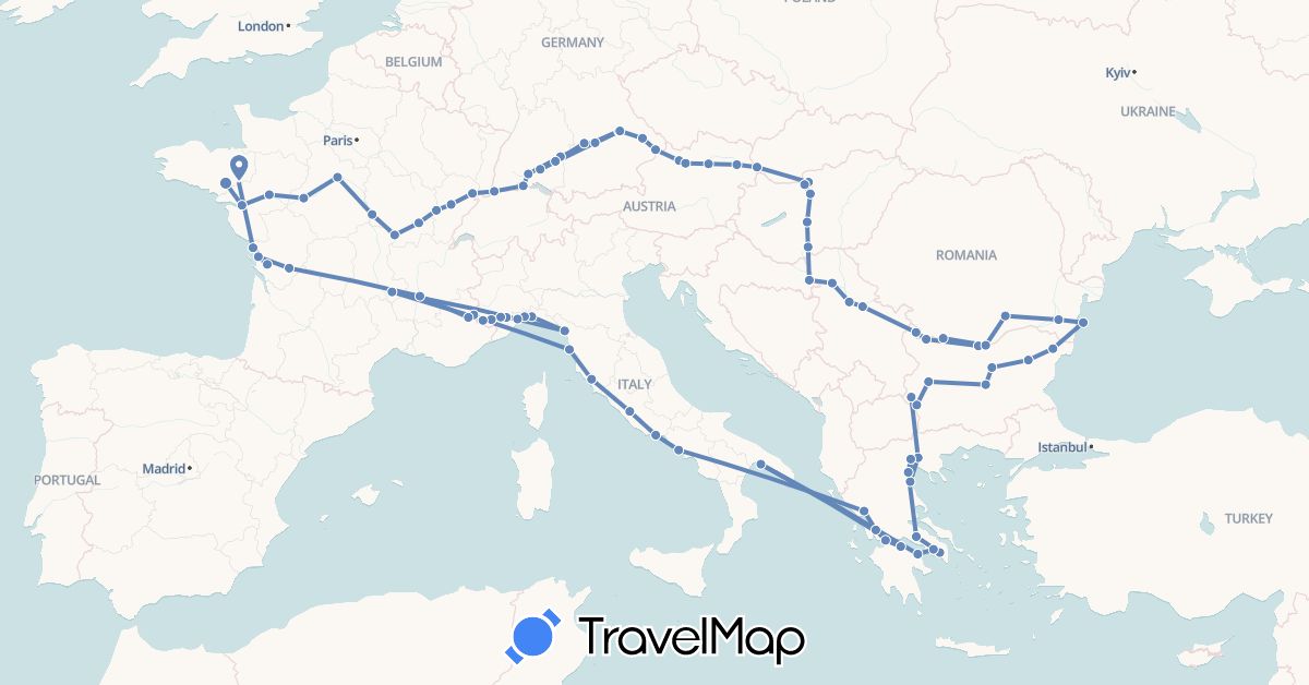TravelMap itinerary: cycling in Austria, Bulgaria, Switzerland, Germany, France, Greece, Hungary, Italy, Romania, Serbia, Slovakia (Europe)